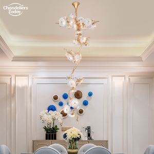 Lustres en cuivre modernes de luxe LED fleur de verre longues lampes suspendues haut plafond pour salon salle à manger escalier lampes suspendues