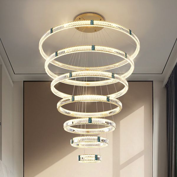 Cristal moderne 5 anneaux lampes suspendues cercle Villa cristaux lampes lumière de luxe salon Simple Duplex plafonniers suspendus