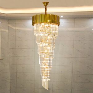 Candelabro de cristal moderno para staicase villa larga, accesorio de luz colgante, decoración grande para el hogar, lámpara led de cristal de acero inoxidable dorado