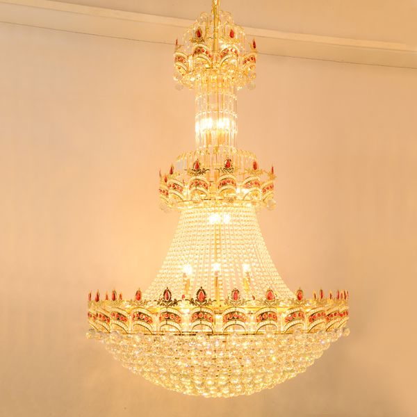 Lustre en cristal moderne lumière LED lustres en cristal dorés américains luminaire hôtel maison lampes suspendues européen grand droplight 3 couleur blanche dimmable