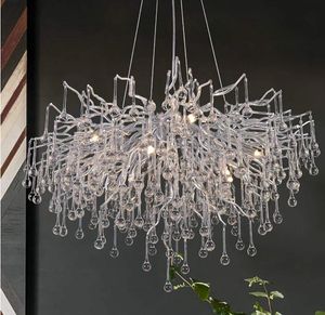 Lustre en cristal moderne branche ronde forêt argent suspension lampe éclairage maison pour salle à manger cuisine goutte de pluie suspension