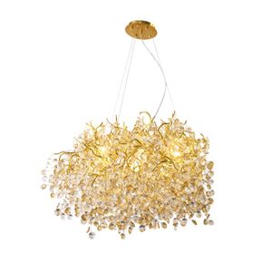 Moderne kristallen kroonluchters frosted finish tree tak kroonluchter regendruppel plafond hanger hangende licht gouden kroonluchter voor eetkamer slaapkamer