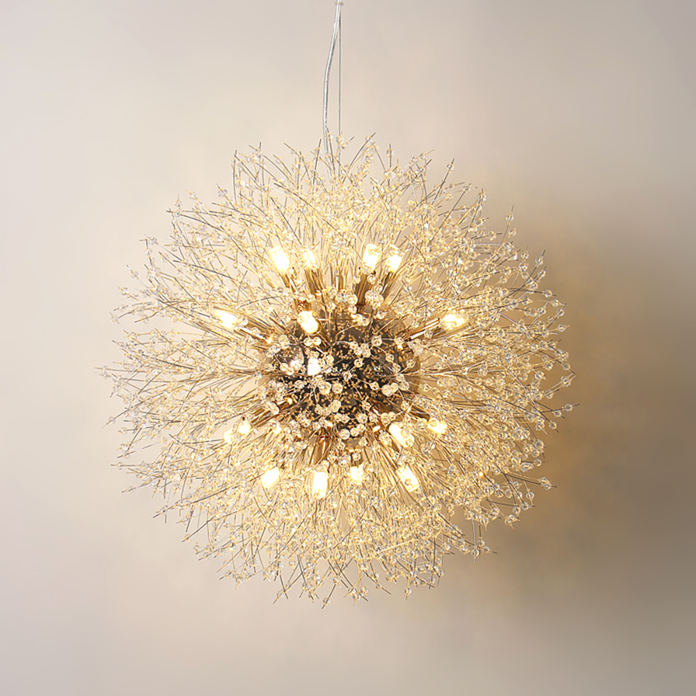 Lustre de cristal dente-de-leão moderno com pingente de iluminação para sala de estar, sala de jantar, decoração de casa