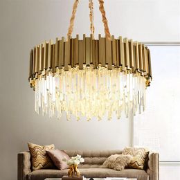 Lustre de lampe en cristal moderne pour salon lustres de chaîne en acier inoxydable ronds d'or de luxe allumant 110-240V210j
