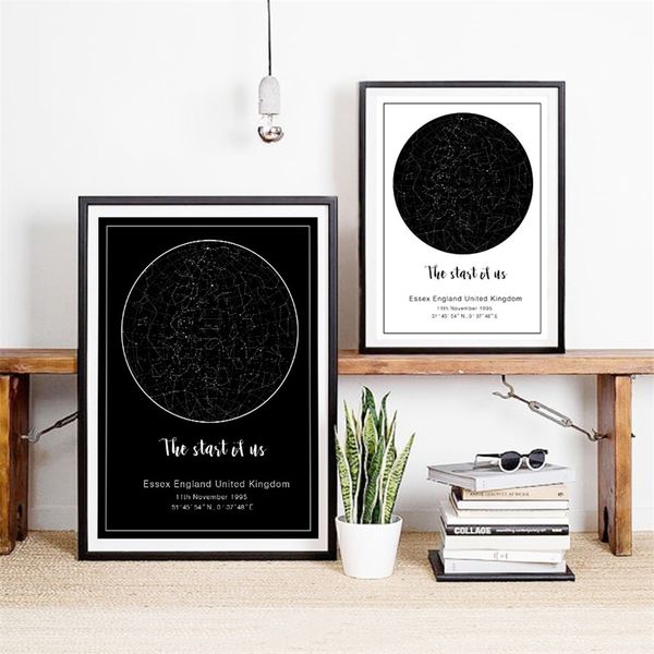 Moderno personalizado mapa de estrellas Luna fase lienzo pintura blanco y negro póster impresión guardería pared arte imágenes dormitorio decoración del hogar 220614