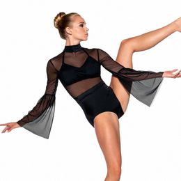 Justaucorps de danse moderne avec manches en corne Strapy Back Gymnastics Outfit Jazz Lyrical Dres Ballet Stage Dance Costume c9Vi #
