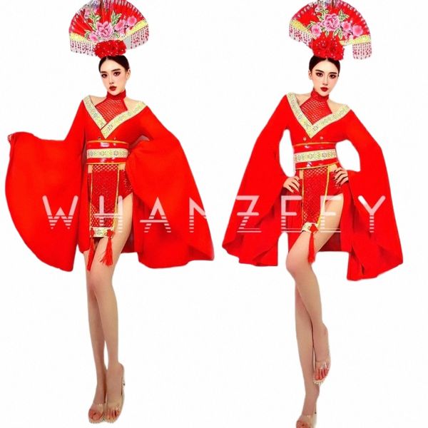 Scène de danse moderne Porter Charme Sexy Rouge style chinois vêtements anciens est grand Outfit Bar Club Party Lady Cosplay Costume Set C03O #