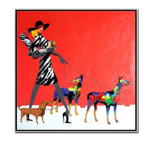 Décor moderne Figure abstraite Toile Impression Peint à la main Personnes Peinture à l'huile Jeune femme avec trois chiens Image pour salon No Frame