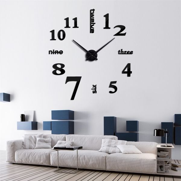 Design moderne horloge 3D bricolage miroir stickers muraux horloges numéro 7 canapé-lit fond acrylique décoration de la maison montre à quartz 201212