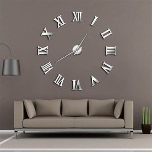 Moderne bricolage grande horloge murale 3D miroir Surface autocollant décor à la maison Art géant horloge murale montre avec chiffres romains grande horloge Y200110228x