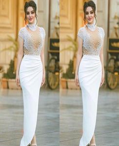 Moderne Dubai Arabische witte schede avondjurk parels hoge hals kapmouw kaftan prom jurken formele jurk avondjurken met sli3010650