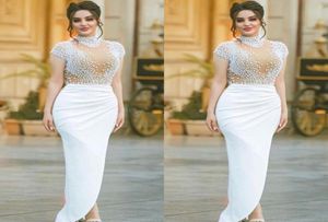 Moderne Dubai Arabisch witte schede avondjurk parels parels hoge nek dop mouw kaftan prom jurken formele jurk avondjurken met sli9838809