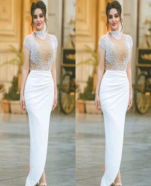 Moderne Dubaï Arabe Blanc Gaine Robe De Soirée Perles Col Haut Manches Caftan Robes De Bal Robe Formelle Robes De Soirée avec Sli3010650