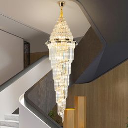 Lustre de Villa Duplex moderne, lumière de luxe en cristal pour salon au milieu du bâtiment, lampe longue rotative pour cage d'escalier