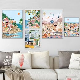 Affiche murale de tourisme de ville célèbre moderne Carton de dessin animé Italie Portugais Paysage toile peinture salon décoration de maison 240507