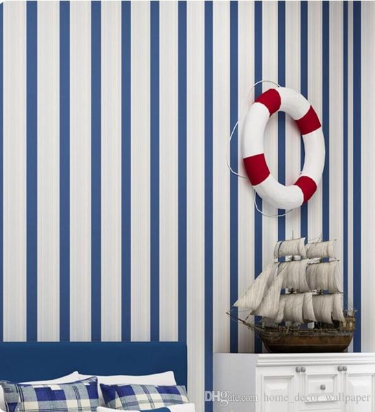 Fashion moderne Horizontal Blanc bleu papier peint rayé Rouleau Vertical Enfant enfant pour mur de salon