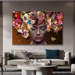 Moda moderna chica sexy arte de pared lienzo pintura flor mariposa mariposa mujer Imagen impresa para sala de estar nórdica decoración del hogar sin marco