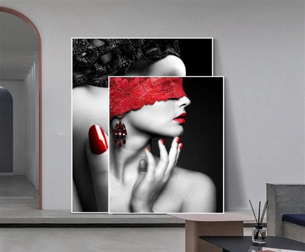 Mode moderne Sexy lèvres rouges toile peinture femmes affiches et impressions salon chambre mur Art photos maison Bar décoration 2325622997