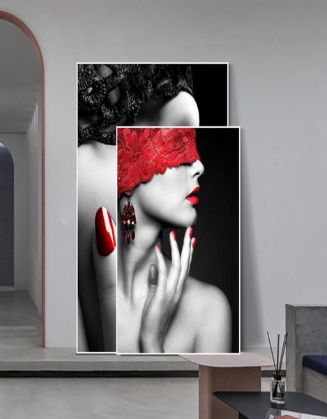 Mode moderne Sexy lèvres rouges toile peinture femmes affiches et impressions salon chambre mur Art photos maison Bar décoration 2884526