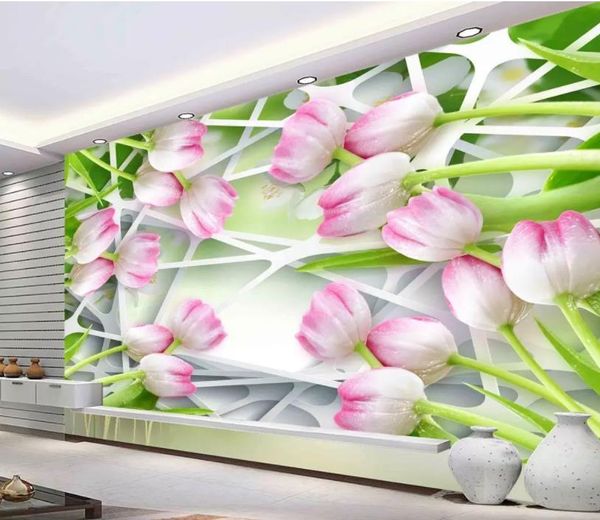 Papel tapiz de pared de fondo de TV 3D con flores de tulipán estéreo de moda moderna