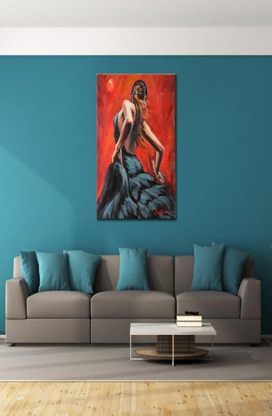 Peintures à l'huile de figurines modernes, danseuse de Flamenco espagnole en robe bleue, toile d'art faite à la main pour femme, pour chambre à coucher, haute qualité 5105855