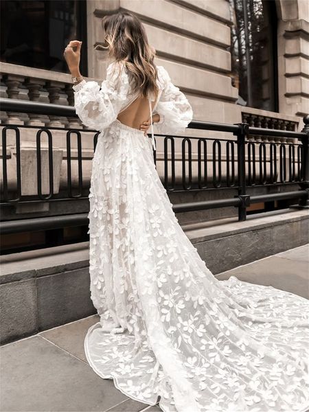 Vestido de birde de las apliques de las apliques modernas con mangas largas de linterna vestidos de novia de espalda abierta con tren bohemio bohemia bata de mariee de mariee