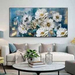 Moderne bloemen wit blauw waterverfposters muurkunst canvas schilderen prints foto's woonkamer interieur huisdecoratie