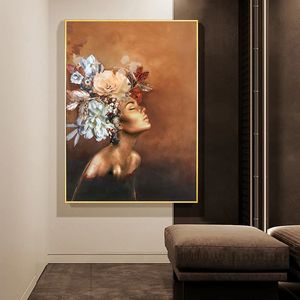 Fleur moderne sur la tête Gold Femmes toile peinture imprime