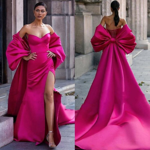 Robes de soirée de sirène longues fuchsia modernes avec dos gros nœud train fente latérale chérie nuit robe de bal robes de soirée formelles piste Pageant porter des robes De Festa