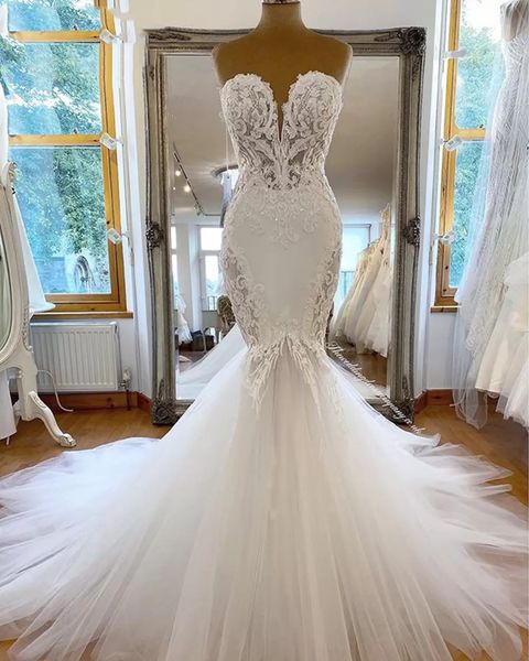 Robes de mariée sirène modernes en dentelle complète 2023 col en coeur grande taille jardin pays robes de soirée de mariée robe De Novia 322