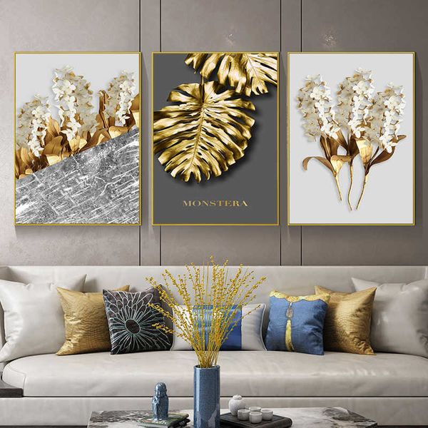 Póster moderno de hojas doradas, cuadro sobre lienzo para pared con flores de lujo abstractas, cuadros de pared con estampado nórdico para decoración de sala de estar X0726