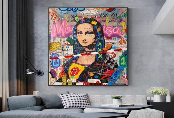 Arte de Graffiti moderno Mona Lisa, pintura en lienzo divertida, carteles e impresiones, arte de pared para sala de estar, decoración del hogar, sin marco 178h8616030