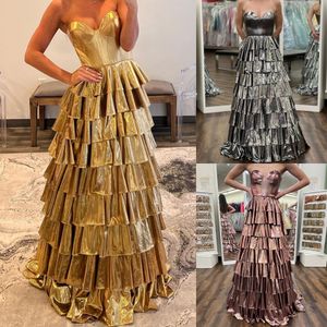 Moderne Grieks godin Prom Queen jurk ruche metallic corset lange optocht winter formele avondcocktail party runway black-tie gala oscar supervrouw rose goud