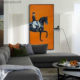 Moderne HD Oranje Paardrijden Foto Canvas Prints Schilderen Wall Art Posters voor Woonkamer Interieur Kantoor Thuis Decoratieve L230704