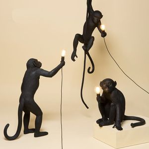 Luces colgantes de cuerdas de cáñamo modernas, lámpara de mono de resina negra, luminaria colgante Industrial para Loft, accesorios de decoración del hogar
