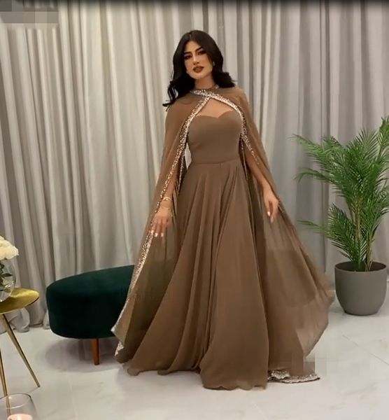 Robes de soirée haute couture modernes avec cape 2021 A-ligne Vestidos De Fiesta chérie en mousseline de soie perles Robe Dubaï arabe formelle robe de bal