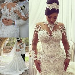 Robes de mariée modernes à col haut, manches longues transparentes, style sirène, perles appliquées, grande taille, robe de mariée nigériane
