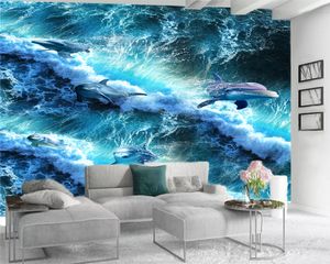 Moderne maison 3d papier peint vagues féroces nager avec des dauphins décor à la maison salon chambre revêtement mural HD fond d'écran