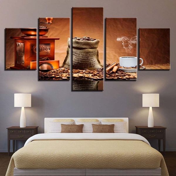 Décoration d'intérieur moderne, images sur toile, impressions HD, 5 pièces, peinture de grains de café, tasse d'arôme de café, affiche d'art mural de restaurant, sans cadre 306a