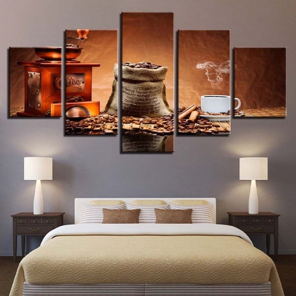 Cuadros en lienzo para decoración del hogar moderno, impresiones en alta definición, 5 piezas, pintura de granos de café, taza de Aroma de café, póster, arte de pared para restaurante, sin marco233q