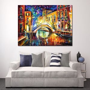 Modern Impression Canvas Art Night in Venice Contemporary Oil Painting Street Handmade Restaurant Decor