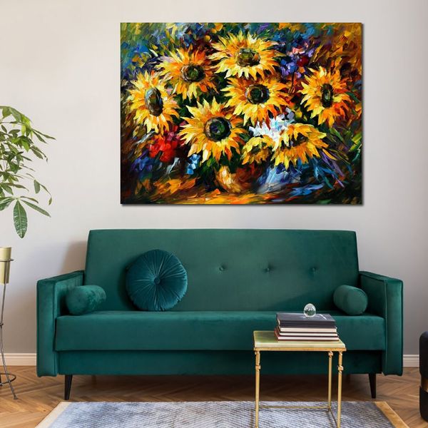 Lienzo de impresión moderna, girasoles, pintura al óleo contemporánea, naturaleza muerta, decoración de restaurante hecha a mano