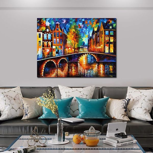 Art mural de toile impressionniste moderne les ponts d'amsterdam peint à la main peinture de paysage de rue pour décor d'appartement