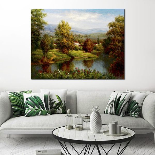 Villa d'art de toile de paysage impressionniste moderne au bord de la rivière oeuvre de peinture à l'huile faite à la main pour la chambre de pépinière