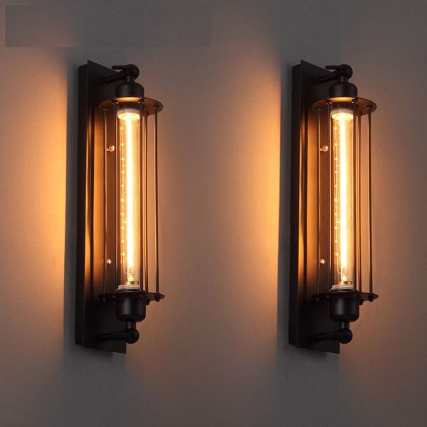 Lámpara de pared de hierro negro de diseño de estilo industrial moderno, decoración de restaurante de pintura Loft americana, tubo de luz LED E27, luz cálida 220V259P