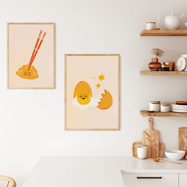 Decoración de la cocina moderna Alimentos Lindo Gyoza Huevo Salsa de soja Carteles de pescado Pintura Nórdica Pintura Arte de pared Imperios para comedor