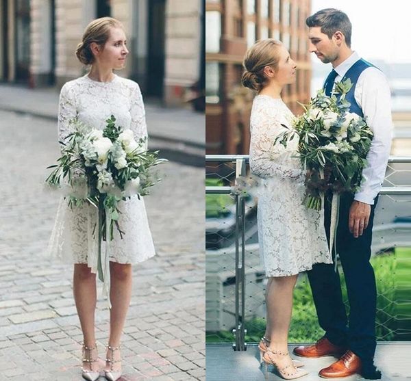 Vestidos de novia cortos de encaje elegantes con mangas largas Vestidos de novia bohemios de jardín rural Hasta la rodilla Una línea Vestido de fiesta de recepción con cuello joya para batas de novia AL5193