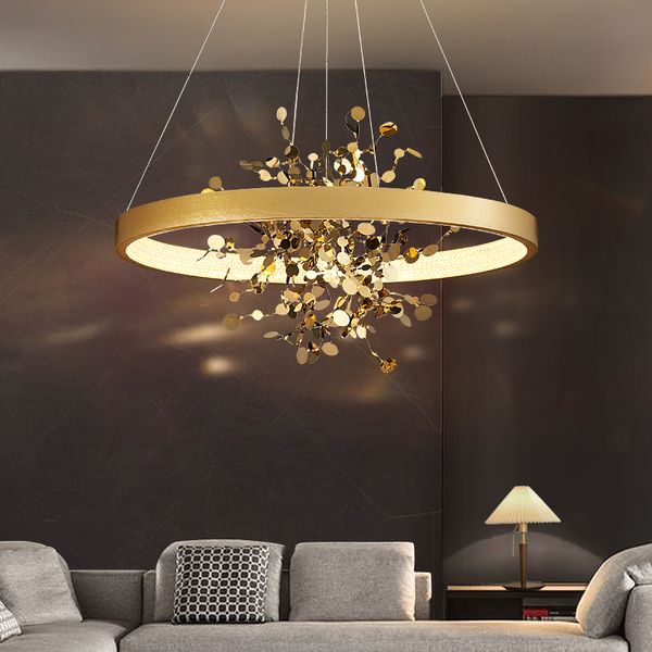 Lampe moderne or acier inoxydable plafond lustre salle à manger cuivre rond anneau pendentif lumières pour chambre tissu magasin café