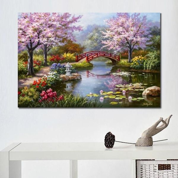 Paisajes modernos Pintura Jardín japonés en flor Pintura al óleo Lienzo Árboles pintados a mano de alta calidad Obra de arte Decoración de pared Beautif206O