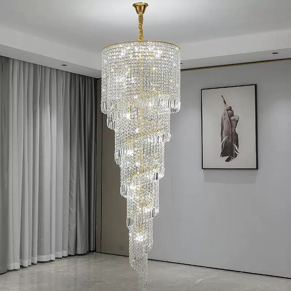 Chandelier d'escalier en cristal moderne pour luxe High House Villa Home Decoration Plafond Plafonnage Lumière Gold / Chrome